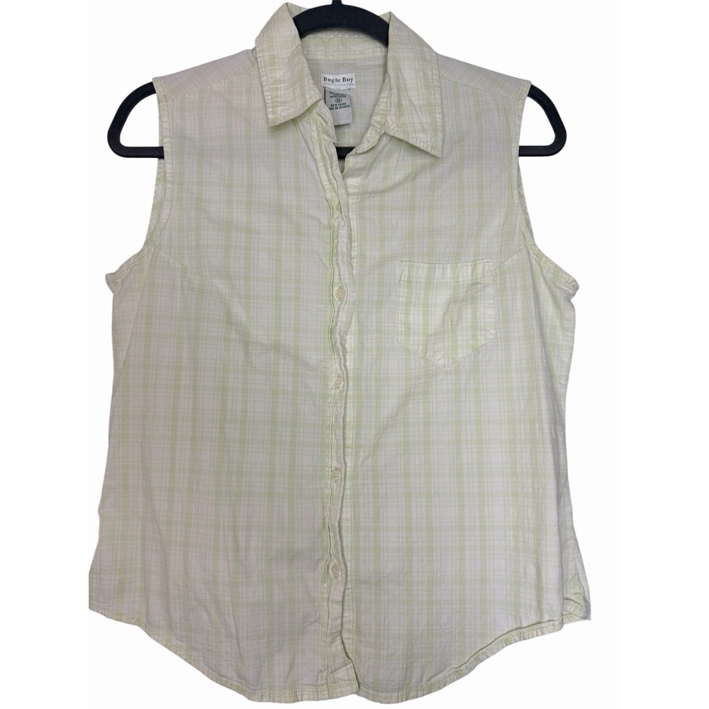 Bugle Boy Women's Size Med Light Yellow White Plaid Sleeveless Button Down VTG